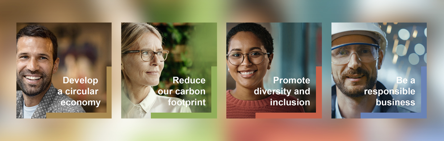 Banner image showing our four CSR pillars - Develop a circular economy, Reduce our carbon footprint, Promote diversity and inclusion, Be a responsible business