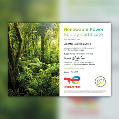 CTA image showing Legrand's Renewable Power Supply Certificate, showing that we use electricity that is 100% generated from renewable sources